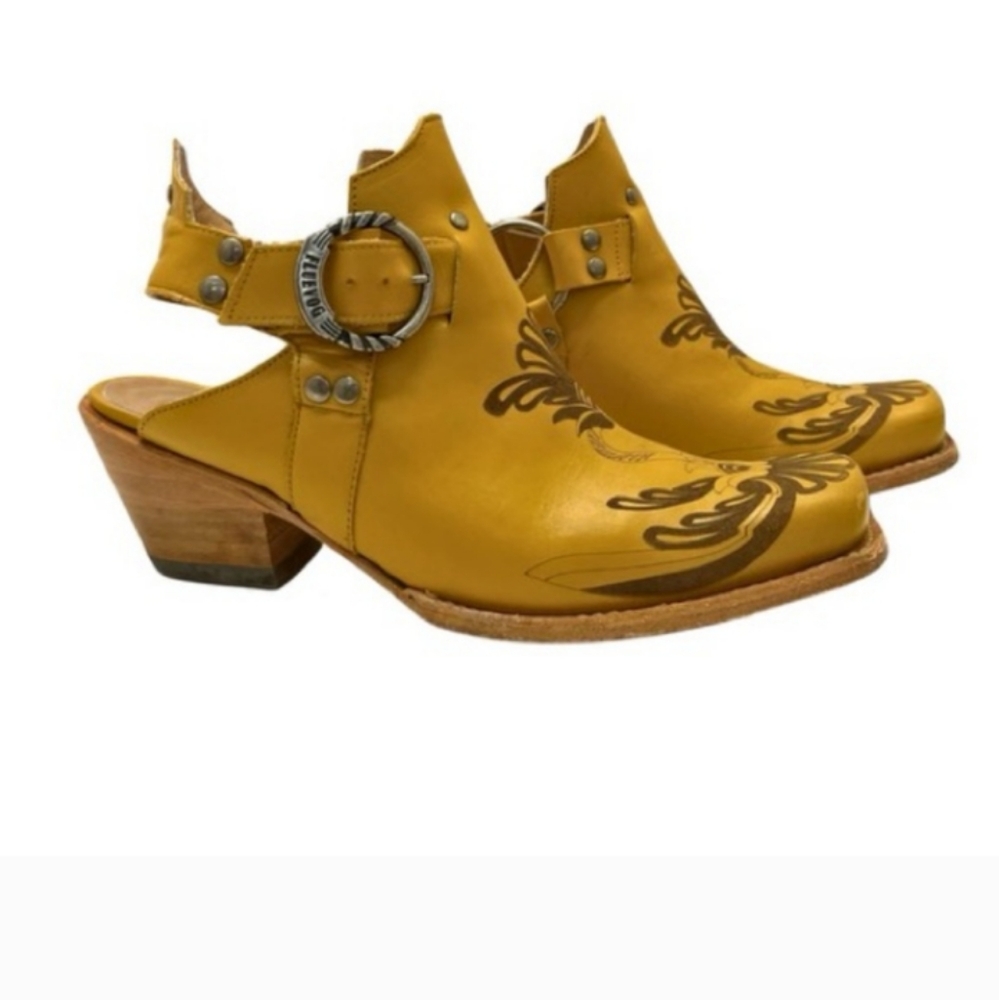 Fluevog Loretta ankle slingback cowboy boots.  Some damage on the front of boot.
